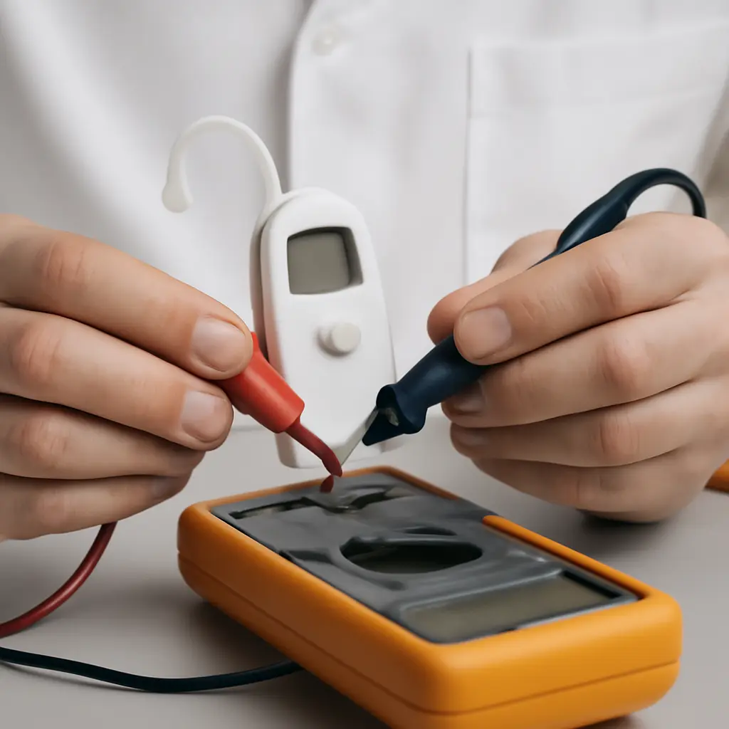 Диагностика устройства Техник проверяет прибор купрессурной магнитотерапии с мультиметром