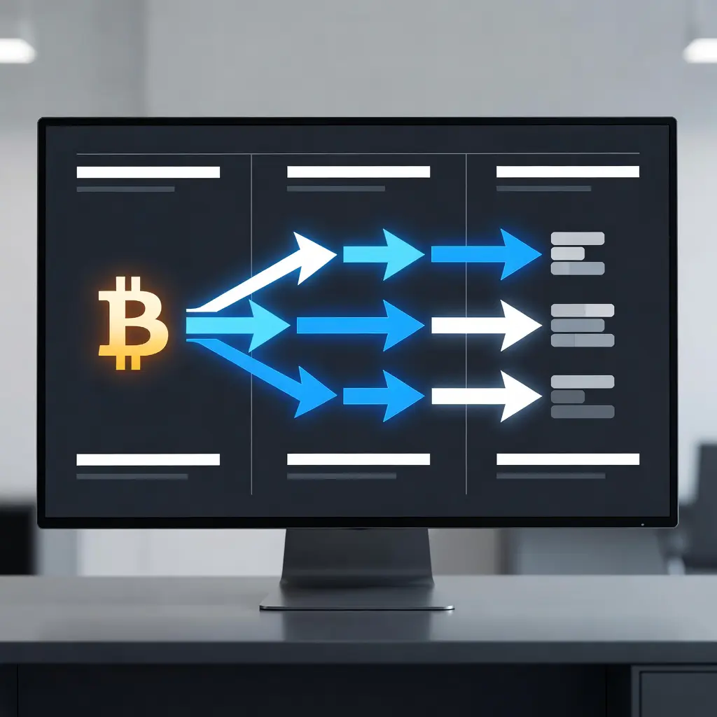 Монитор компьютера с интерфейсом криптообменника для безопасного обмена Bitcoin на фиатную валюту, стрелки показывают направление транзакции