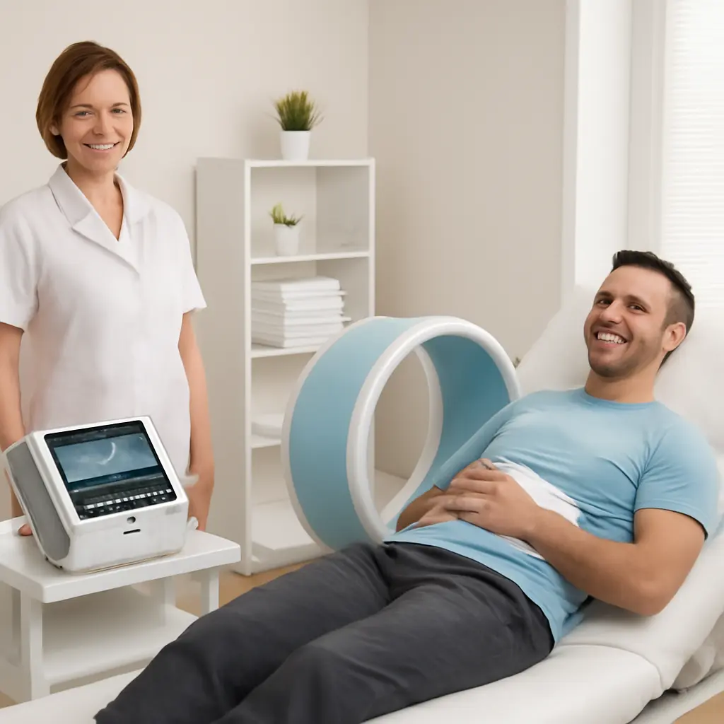 Клиент в кабинете купрессурной магнитотерапии рядом с аппаратом