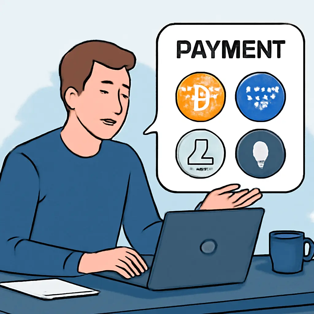 Человек обсуждает оплату оборудования, ноутбук, графики