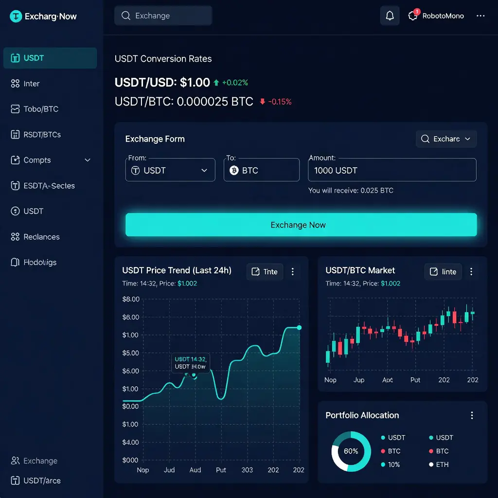 Цифровой интерфейс криптообменника с курсом USDT и формой обмена валюты