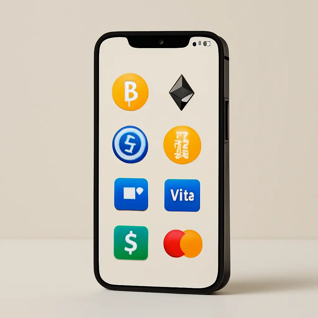 Смартфон с иконками криптовалют и платёжных сервисов