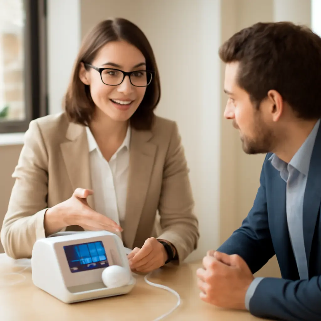 Работа с возражениями клиентов Менеджер консультирует клиента о преимуществах купрессурной магнитотерапии в современном офисе